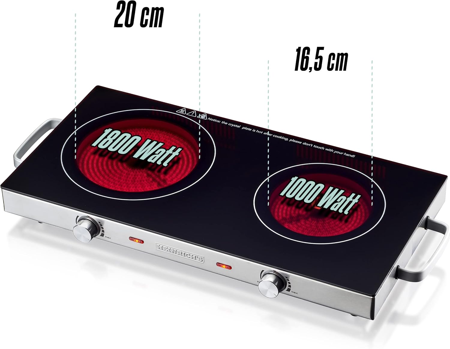 HEINRICHS Doppelkochplatte, 2800W, Infrarot Glaskeramik, für alle Töpfe und Pfannen, für Camping & Büro