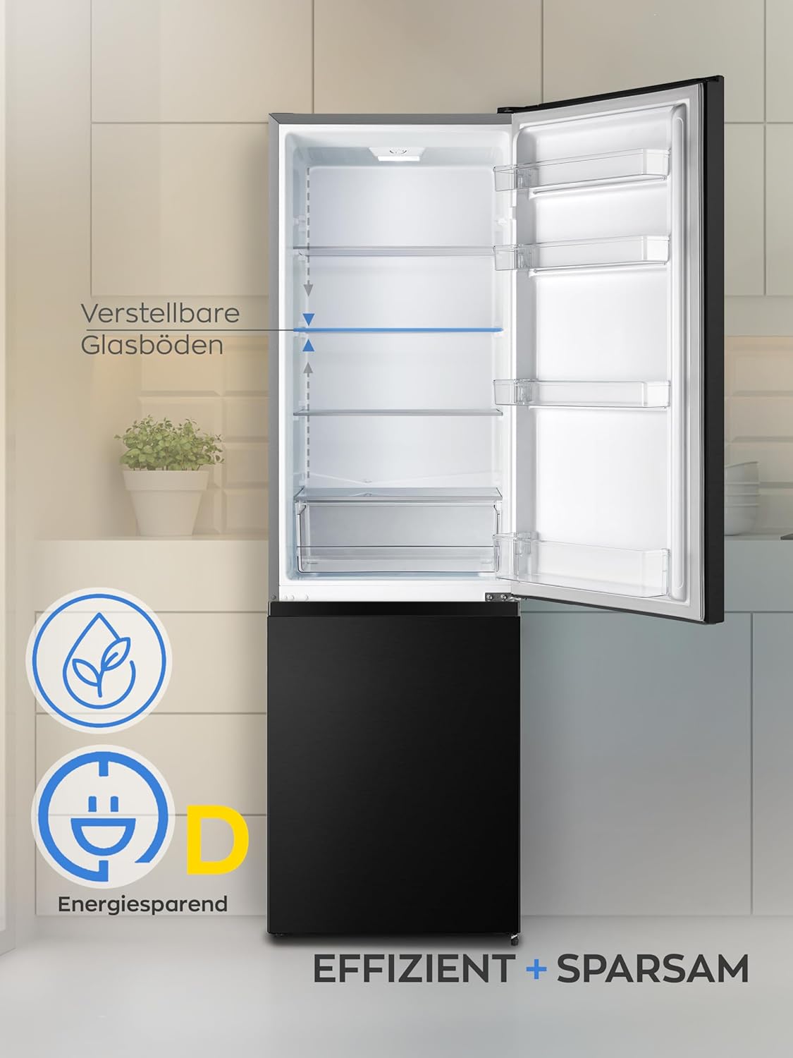 HEINRICHS Kühlgefrierkombination 269L, LED, 39dB, 7 Temperaturstufen, wechselbarer Türanschlag, Schwarz-Inox