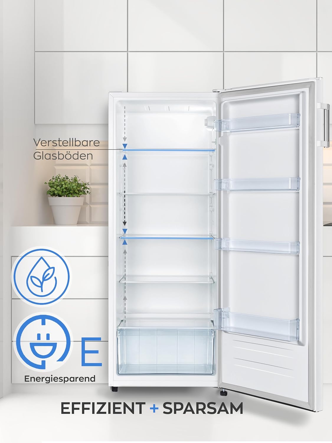 HEINRICHS Kühlschrank 242L, LED-Beleuchtung, 5 Glasablagen, 7 Temperaturstufen, wechselbarer Türanschlag, 40dB, Weiß