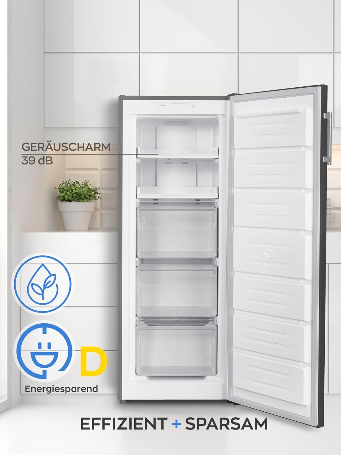 HEINRICHS Gefrierschrank 161L, No-Frost, LED-Display, 3 Schubladen, Alarmfunktion, Inox