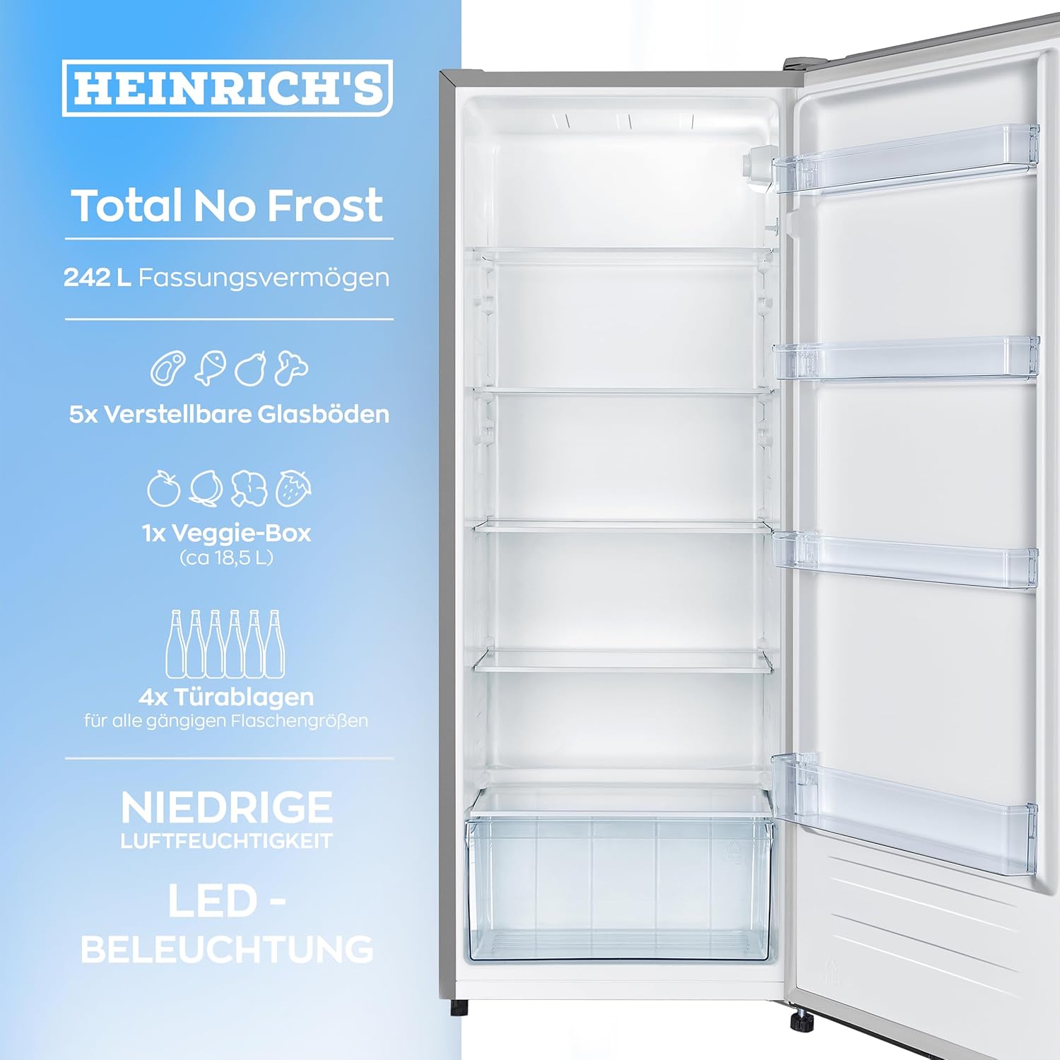 HEINRICHS Kühlschrank 242L, LED-Beleuchtung, 5 Glasablagen, 7 Temperaturstufen, wechselbarer Türanschlag, 40dB, Inox