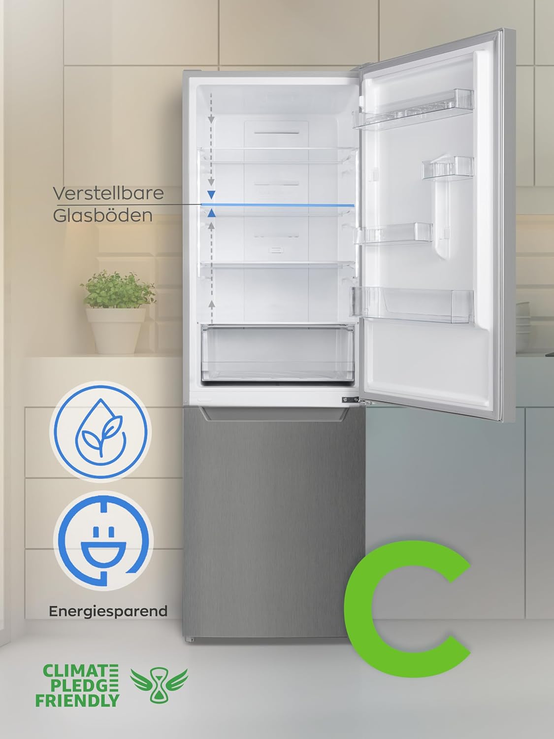 HEINRICHS Kühlgefrierkombination 356L, LED, 37dB, wechselbarer Türanschlag, Inox