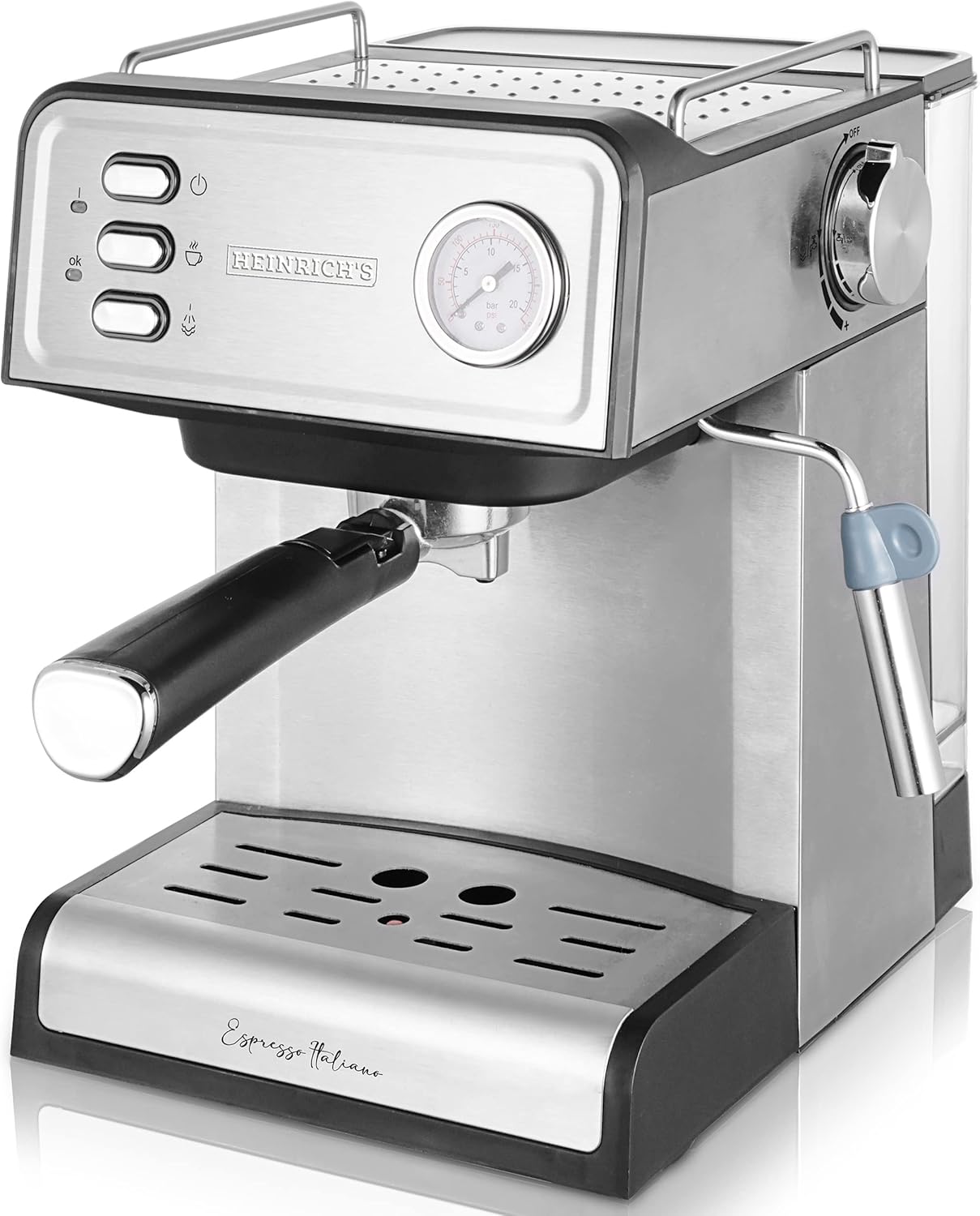 HEINRICHS Espressomaschine 850W, 20 Bar, Milchaufschäumer, 1,6L Tank, Warmhalteplatte