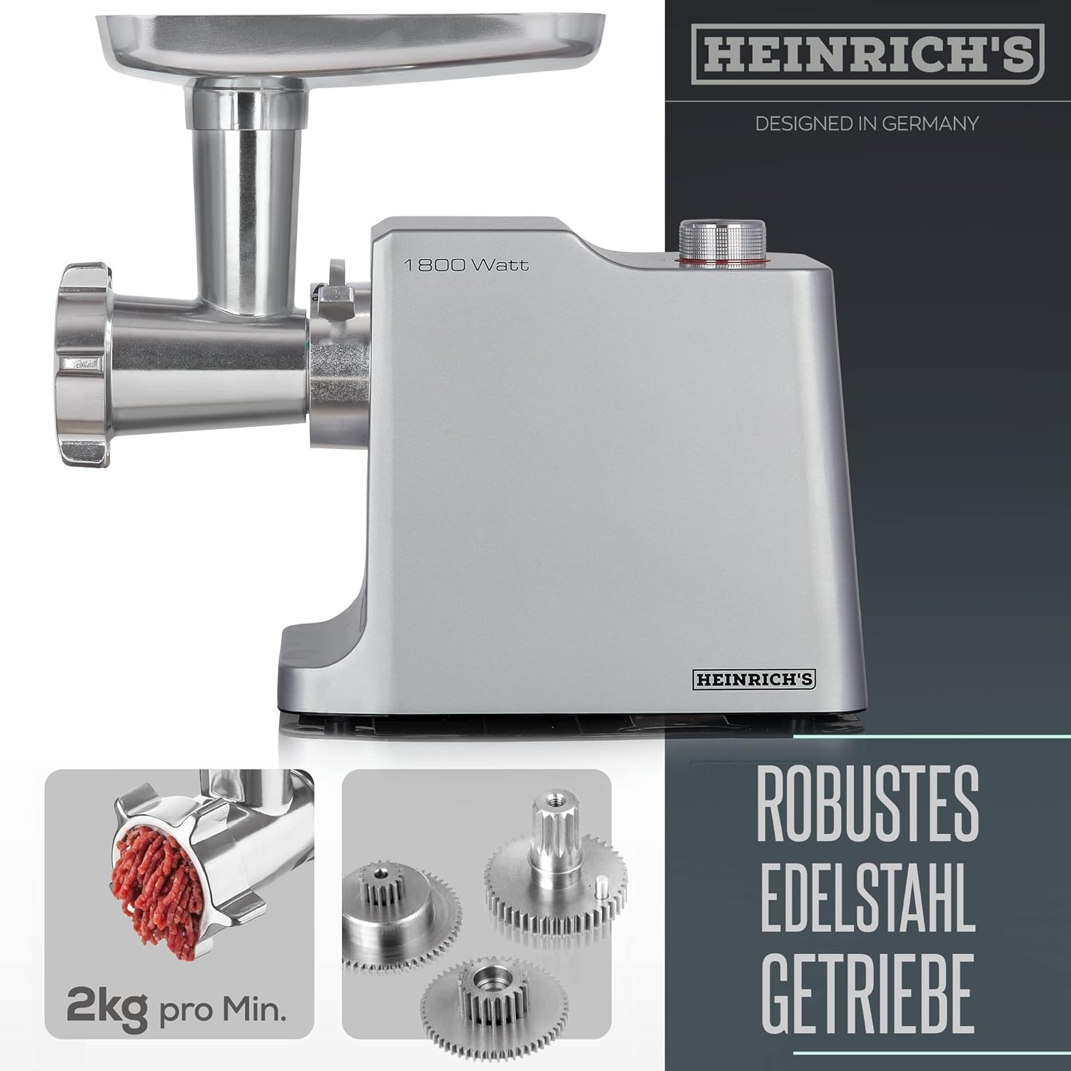HEINRICHS Fleischwolf & Wurstmaschine, 1800W, 3 Hacksiebe, Kebbeaufsatz, Wurstaufsatz, 2KG/min, Metallgetriebe