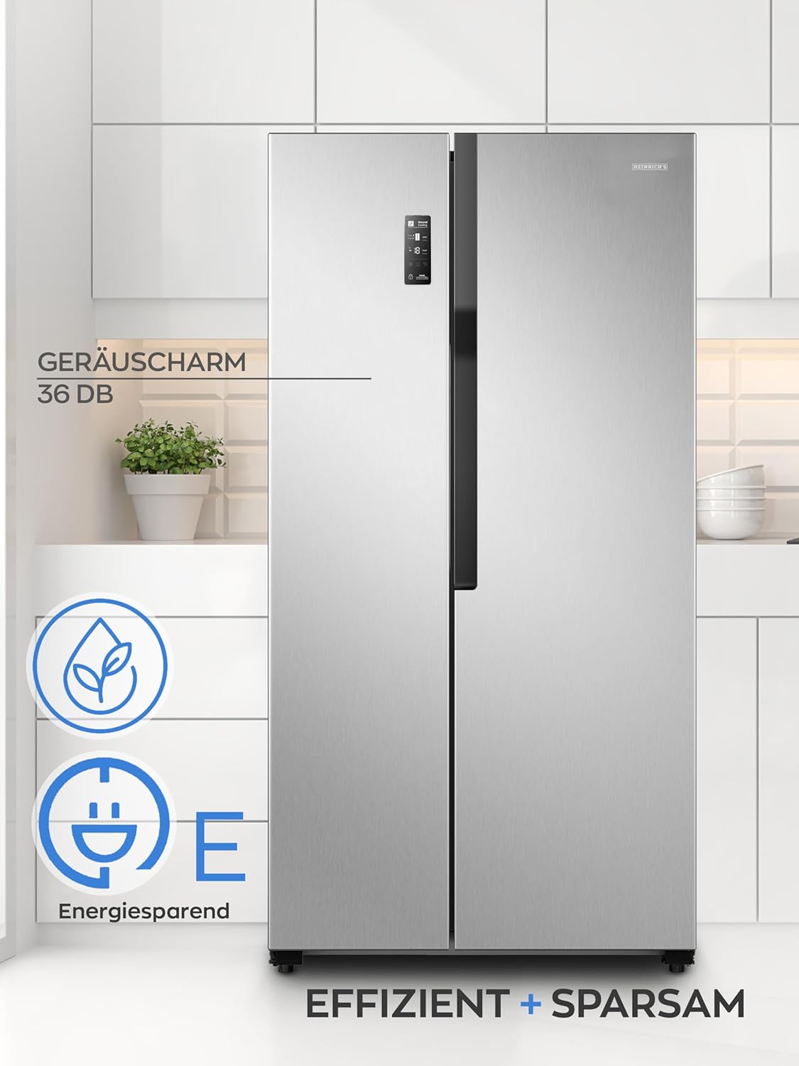 HEINRICHS Side-by-Side Kühlschrank 519L, No-Frost, LED-Touch, Multi-Airflow, Inox