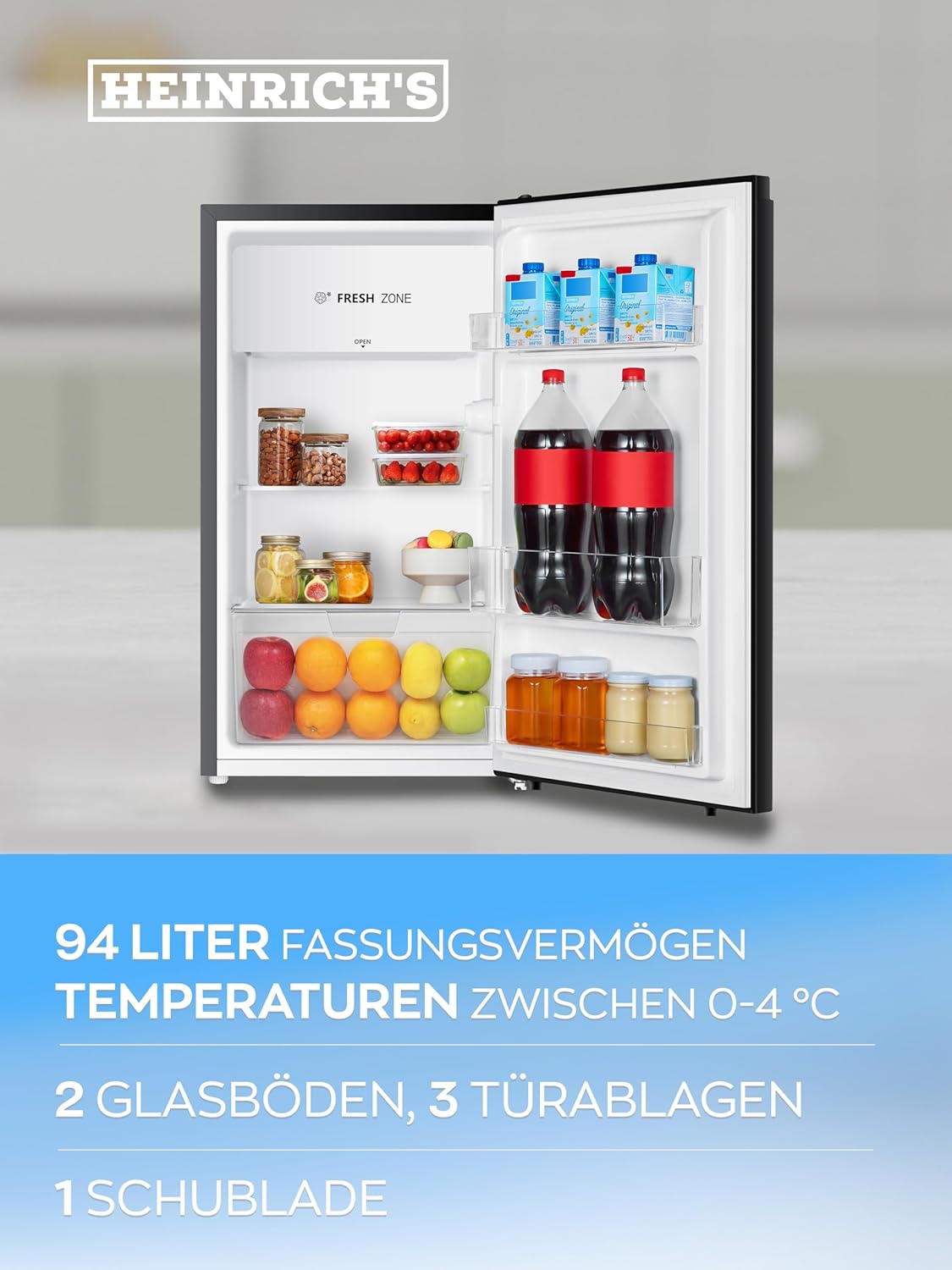 HEINRICHS Getränkekühlschrank 94L, 36dB, 7 Temperaturstufen, kompakt, für Büro & Outdoor, Schwarz