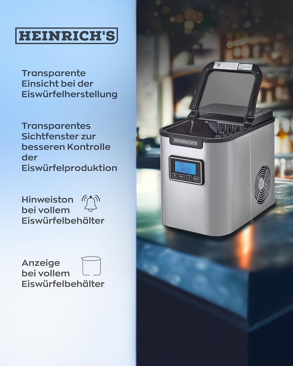 HEINRICHS Eiswürfelmaschine 120W, 2,2L Tank, 3 Eisgrößen, Timer, Selbstreinigung, Edelstahl