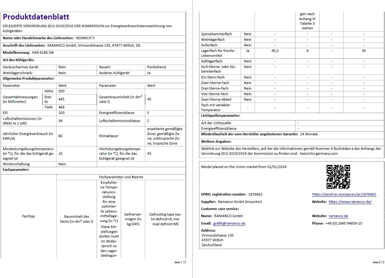 HEINRICHS Getränkekühlschrank 45L, 39dB, mit Kühlfach, kompakt, für Büro & Outdoor, Schwarz