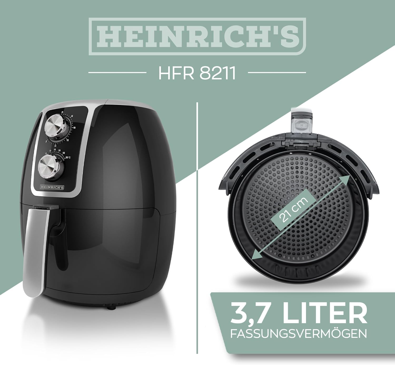 HEINRICHS Heißluftfritteuse HFR 8211, 1500W, 3,7L, 80–200°C, Timer, ohne Öl