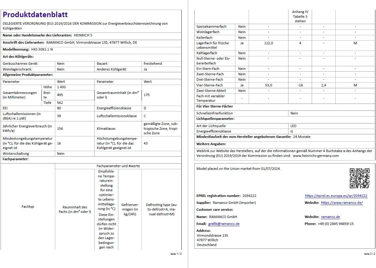 HEINRICHS Kühlgefrierkombination 175L, LED, 39dB, 7 Temperaturstufen, wechselbarer Türanschlag, Inox