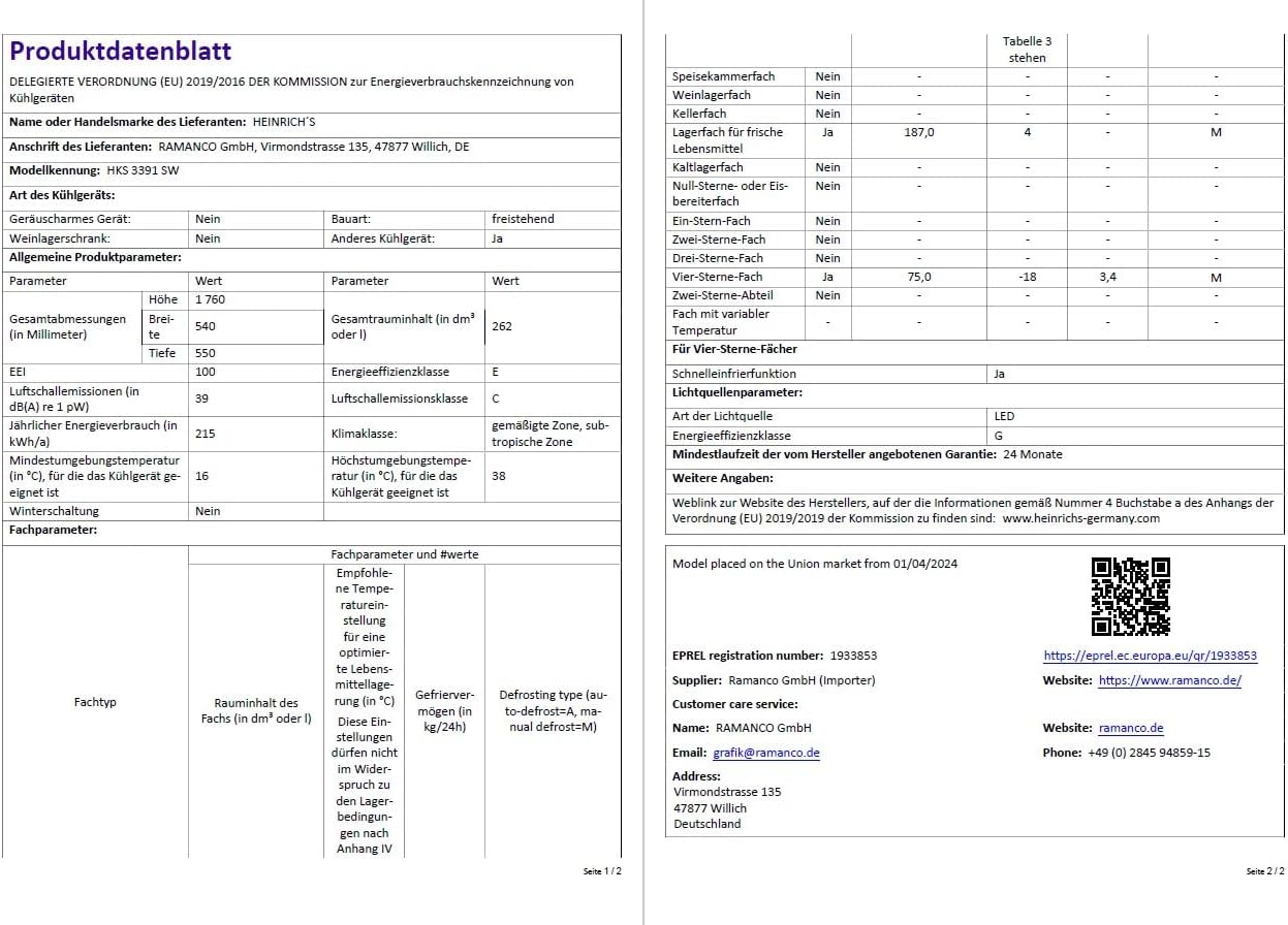 HEINRICHS Kühlgefrierkombination 262L, LED, 39dB, Fast-Cool, wechselbarer Türanschlag