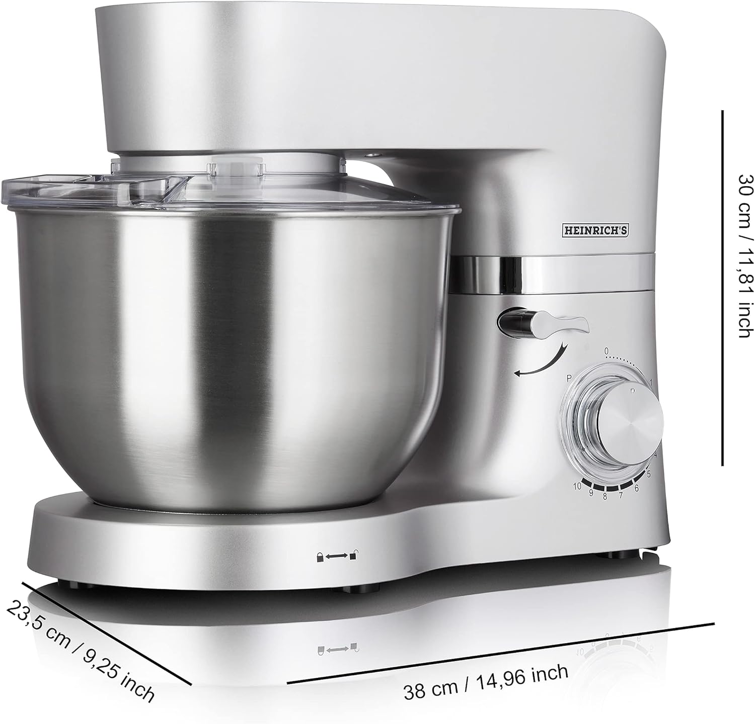HEINRICHS Küchenmaschine 1300W, 6,2L Schüssel, 10 Geschwindigkeiten, leise, Silber