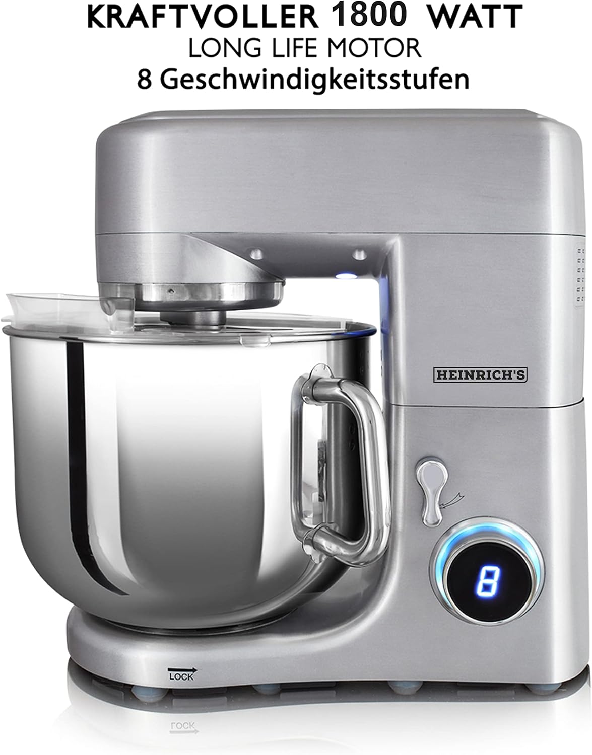 HEINRICHS Küchenmaschine HKM 8110, 1800W, 11L Schüssel, 8 Stufen, LCD-Anzeige, patentierte Knethaken