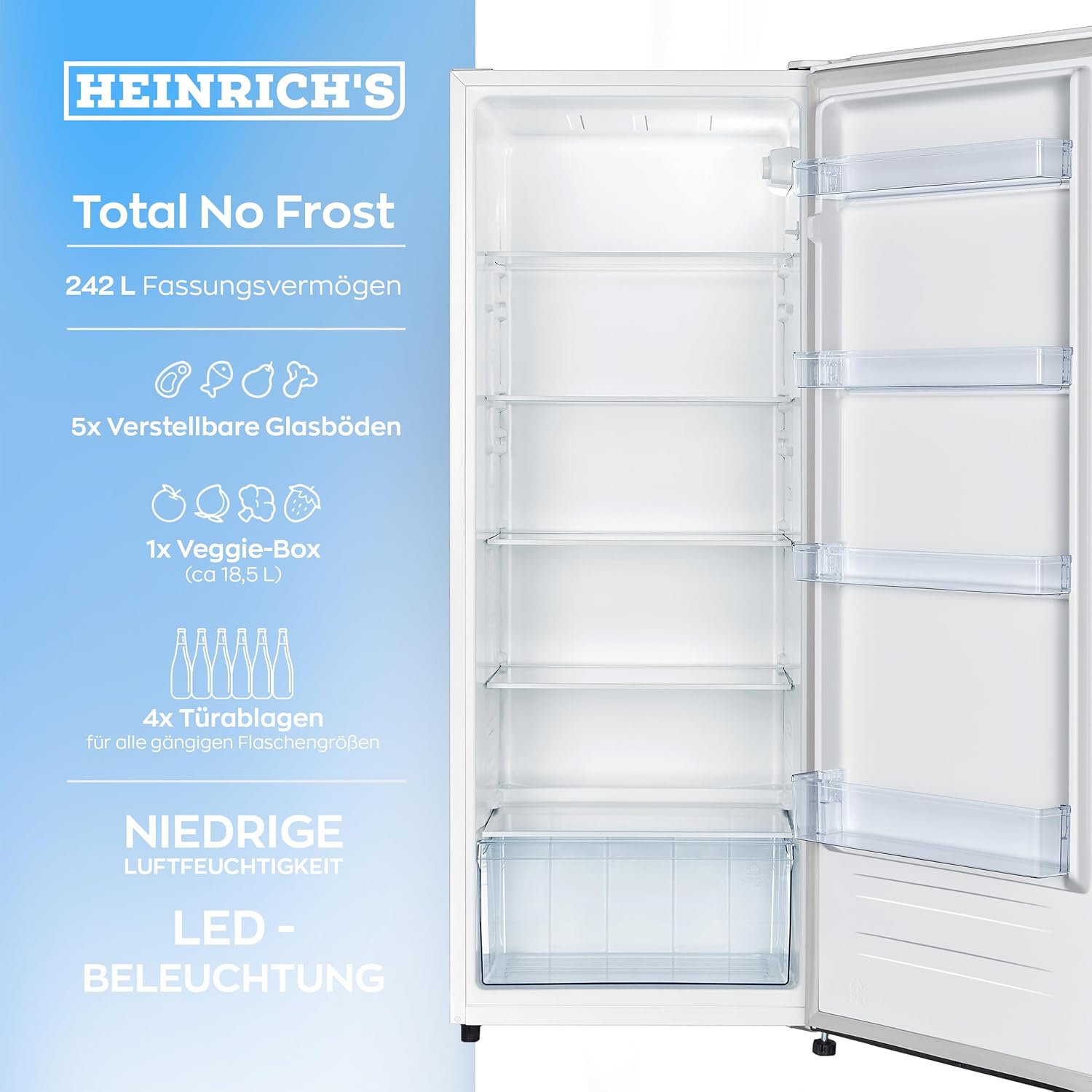 HEINRICHS Kühlschrank 242L, LED-Beleuchtung, 5 Glasablagen, 7 Temperaturstufen, wechselbarer Türanschlag, 40dB, Weiß