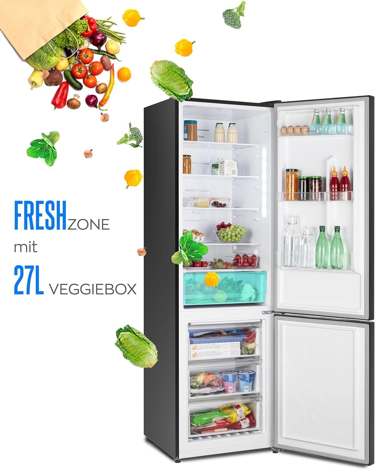 HEINRICHS Kühlgefrierkombination 356L, LED, wechselbarer Türanschlag, leise 37dB, Schwarz-Inox