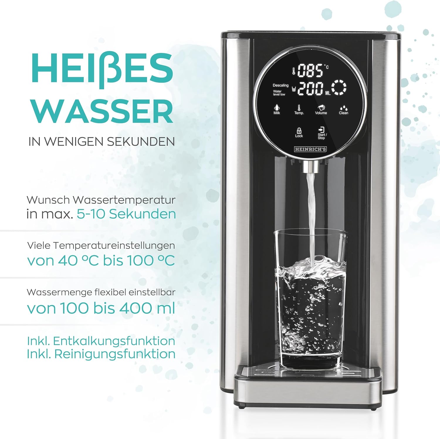 HEINRICHS Heißwasserspender, 40°-100°C, 100ml-400ml auswählbar, Touch-Display, 2,7L Tank, Reinigungsfunktion