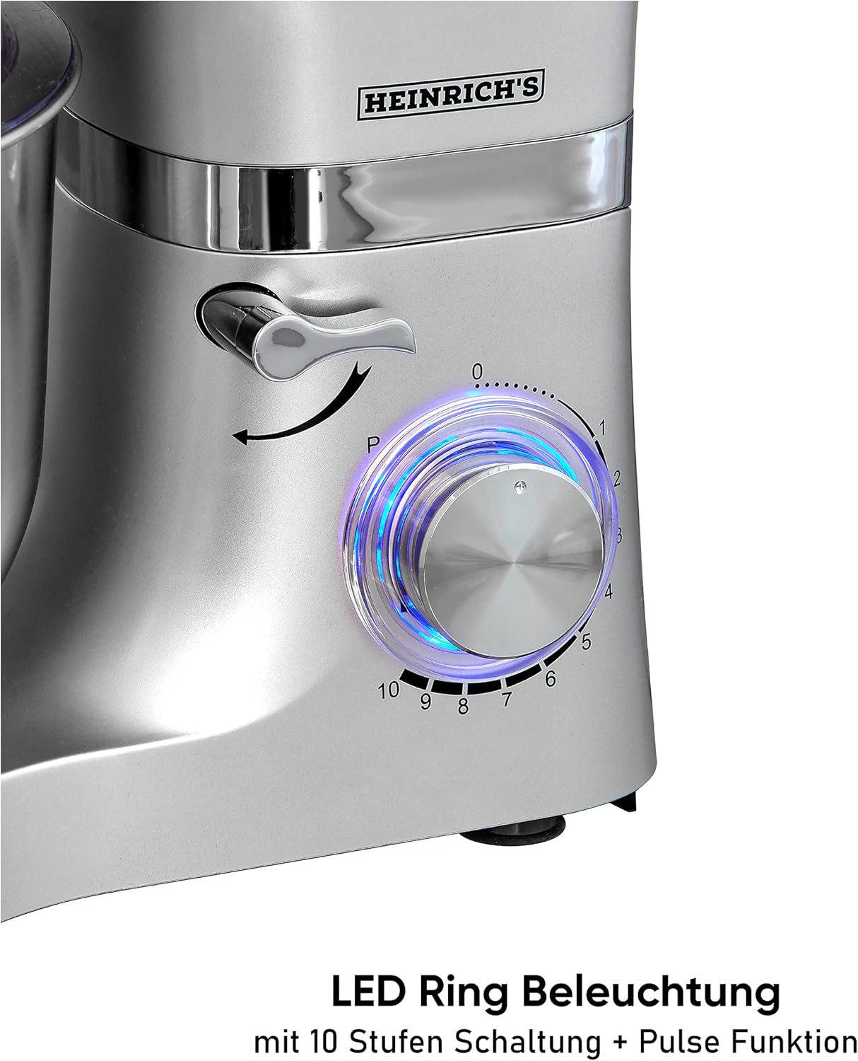 HEINRICHS Küchenmaschine 1300W, 6,2L Schüssel, 10 Geschwindigkeiten, leise, Silber