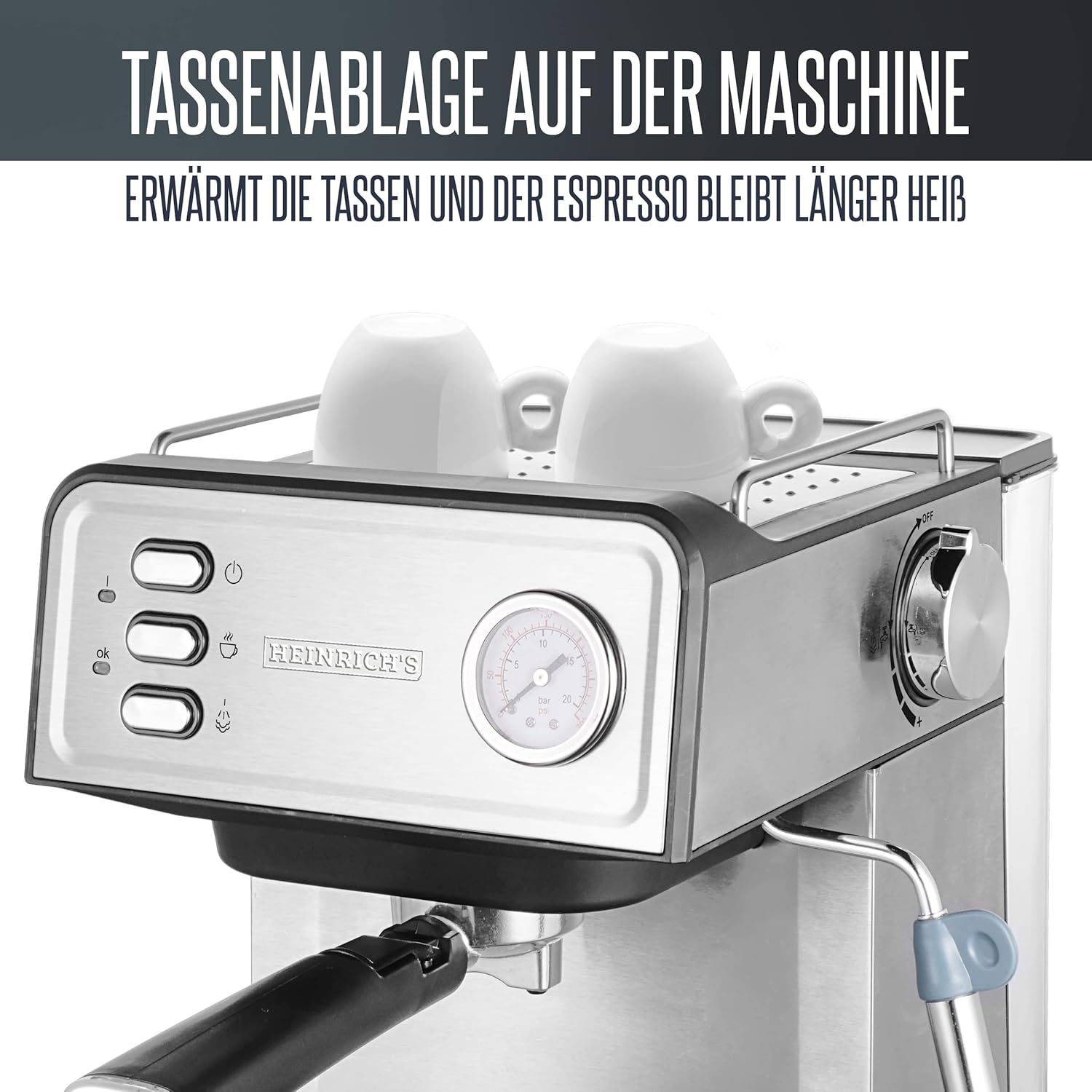 HEINRICHS Espressomaschine 850W, 20 Bar, Milchaufschäumer, 1,6L Tank, Warmhalteplatte