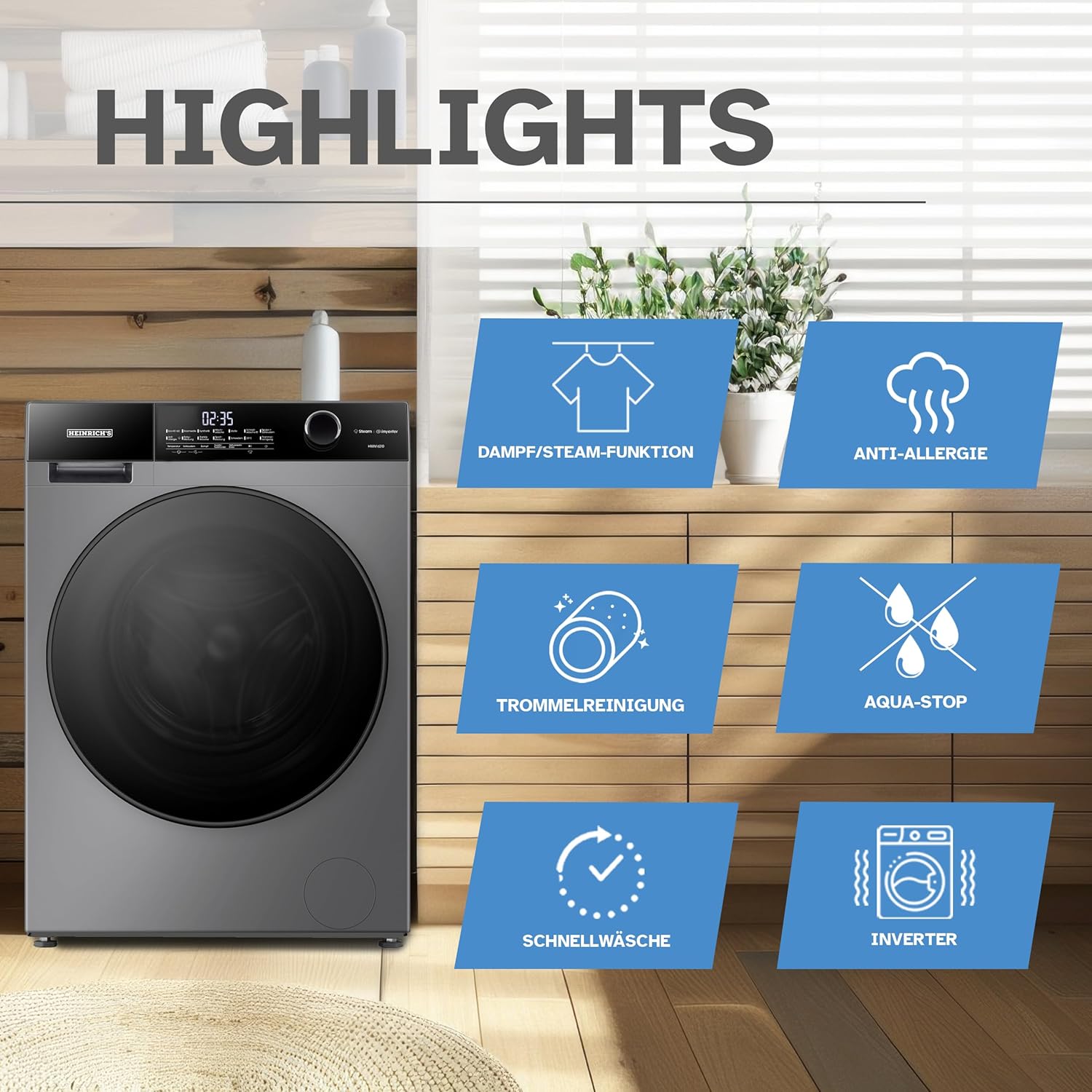 10kg Waschmaschine mit Steam-Funktion, 15 Programme, 1400 U/min, Inverter-Motor, LED-Display, Aqua-Stop, Kindersicherung, Energieklasse A, Titan-Grau