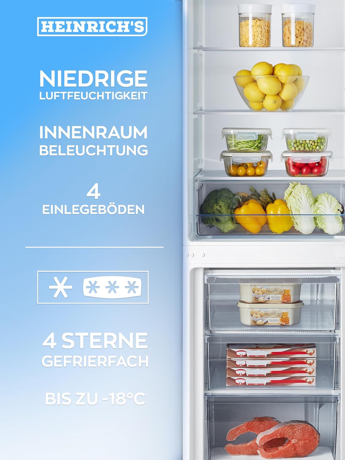 Heinrich´s HEINRICHS Kühlgefrierkombination 269 Liter, Kühlvolumen 198L, Gefrierfach 71L,LED Beleuchtung,Kühlschrank Türanschlag wechselbar, leise 39dB,große Tiefkühlboxen, 7 Temperaturstufen, (weiß)