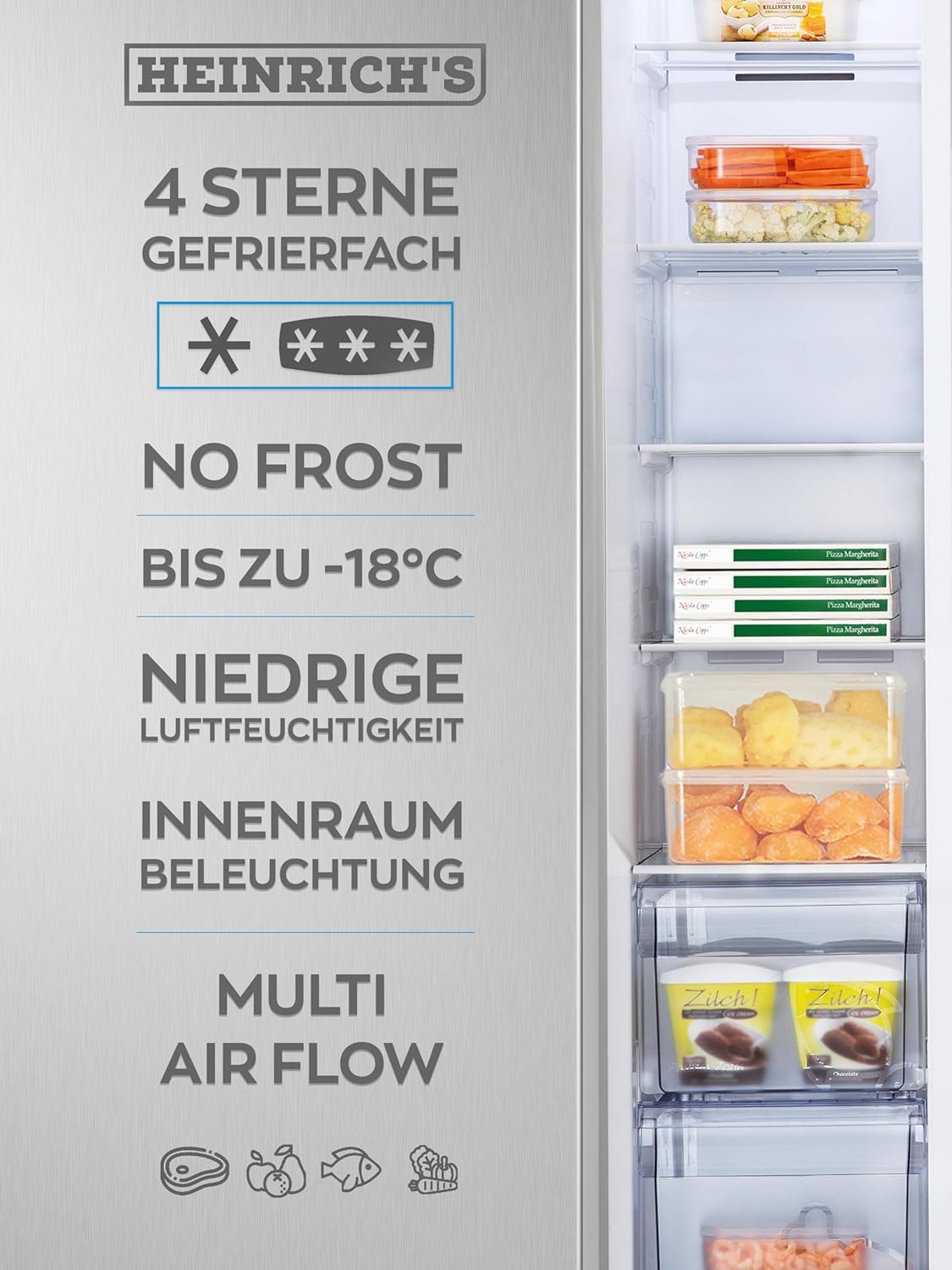 HEINRICHS Side-by-Side Kühlschrank 519L, No-Frost, LED-Touch, Multi-Airflow, Inox