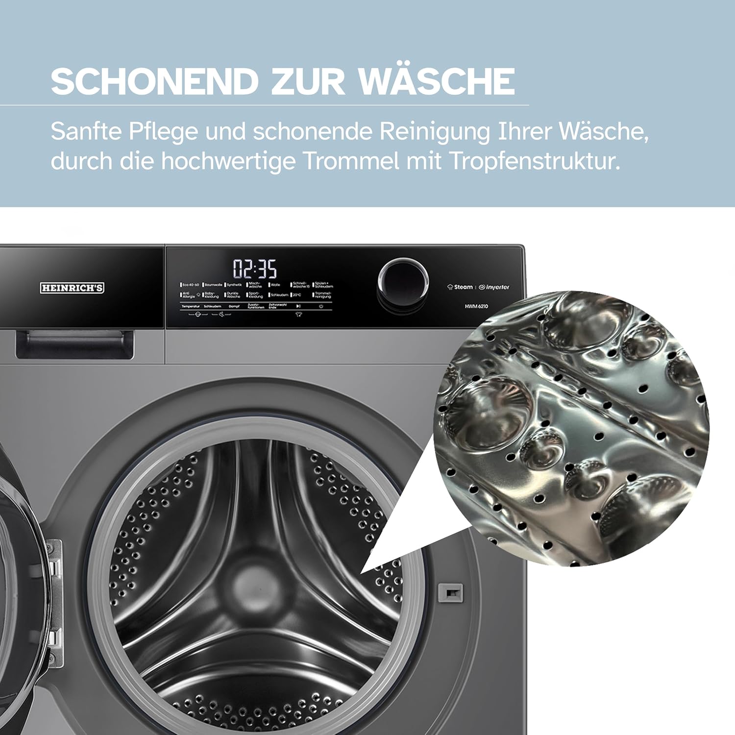 10kg Waschmaschine mit Steam-Funktion, 15 Programme, 1400 U/min, Inverter-Motor, LED-Display, Aqua-Stop, Kindersicherung, Energieklasse A, Titan-Grau