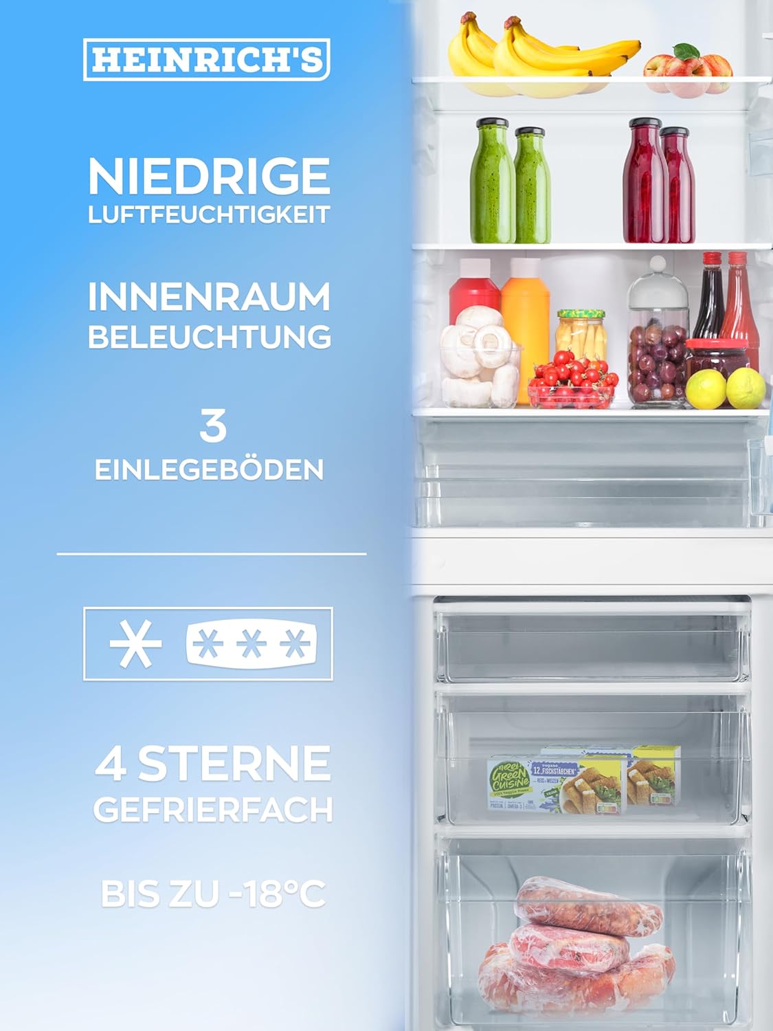 HEINRICHS Kühlgefrierkombination 175L, LED, 39dB, 7 Temperaturstufen, wechselbarer Türanschlag, Weiß