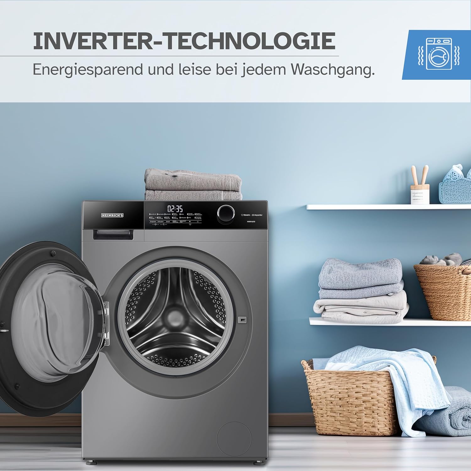 10kg Waschmaschine mit Steam-Funktion, 15 Programme, 1400 U/min, Inverter-Motor, LED-Display, Aqua-Stop, Kindersicherung, Energieklasse A, Titan-Grau