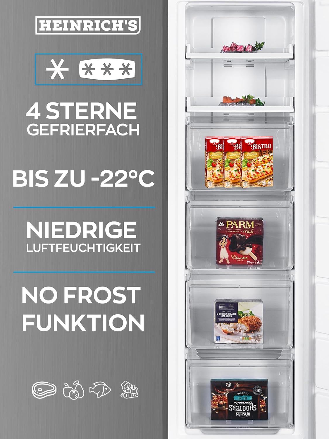 HEINRICHS Gefrierschrank 204L, No-Frost, LED-Display, 4 Schubladen, Alarmfunktion, inox