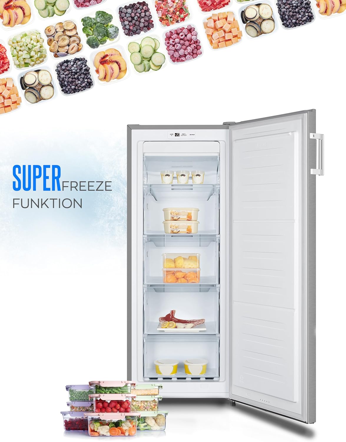 HEINRICHS Gefrierschrank 155L, No-Frost, 4 Schubladen, LED-Display, Airflow, Alarmfunktion, Inox