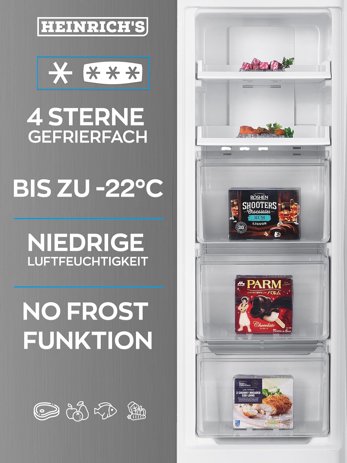 HEINRICHS Gefrierschrank 161L, No-Frost, LED-Display, 3 Schubladen, Alarmfunktion, Inox