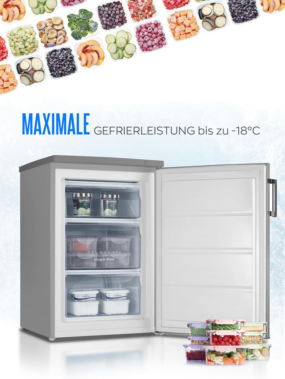 HEINRICHS Gefrierschrank 85L, 3 Schubladen, stufenlose Temperaturregelung, Airflow, Inox