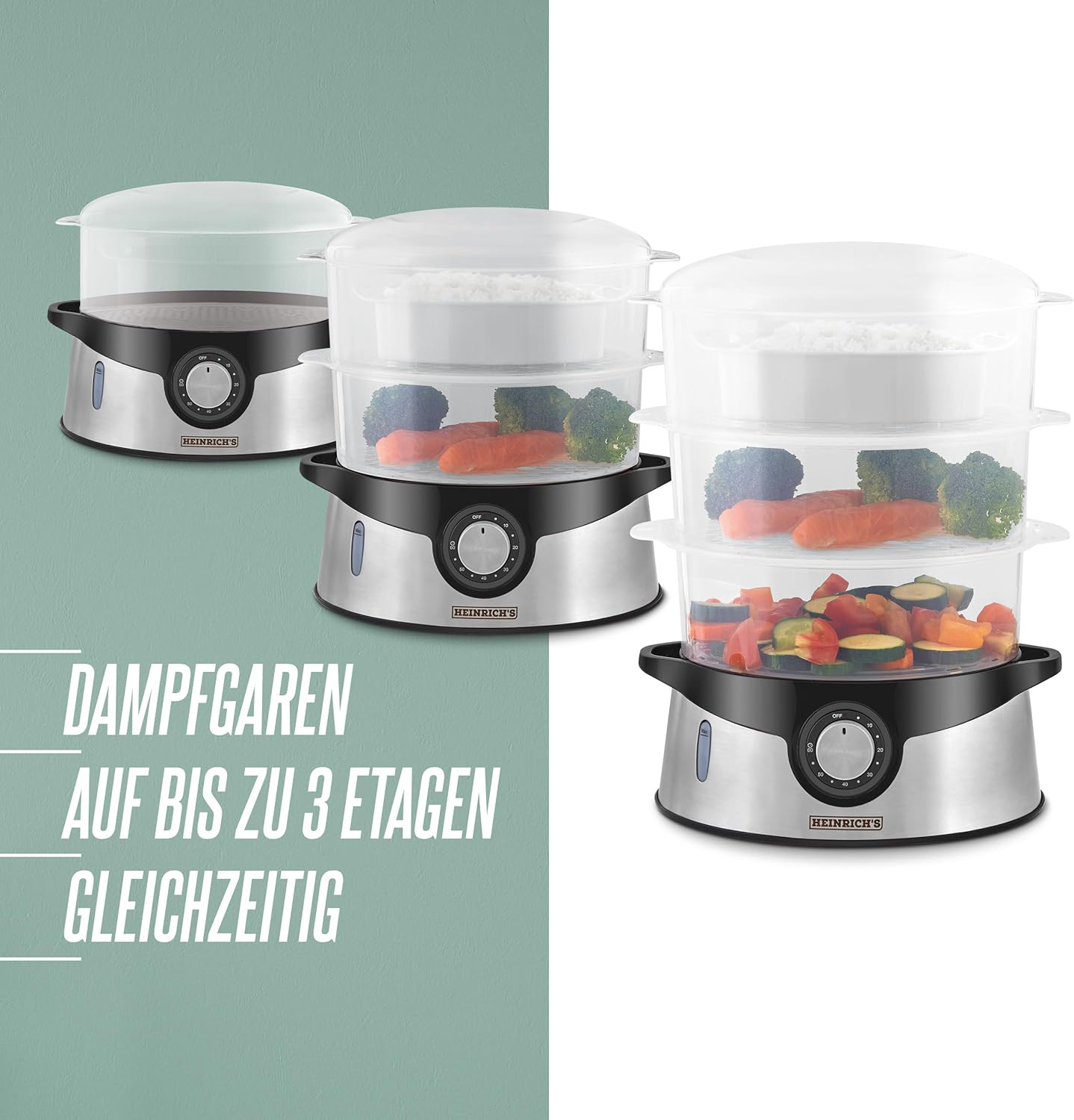 HEINRICHS Dampfgarer HDA 8501, 9L, 3 Etagen, BPA-frei, Timer, 800W, Edelstahl