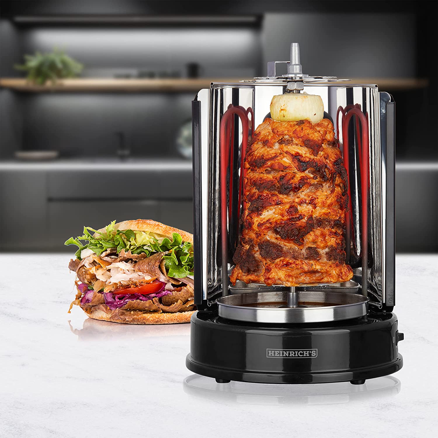 HEINRICHS Dönergrill für Zuhause, Schaschlikgrill Rotissiere Hähnchengrill Gyros Kebab, Drehspieß, Elektro Grill, BBQ, Tischgrill, Hähnchen, Vertikalgrill aus Edelstahl inkl. 6 Schaschlikspieße