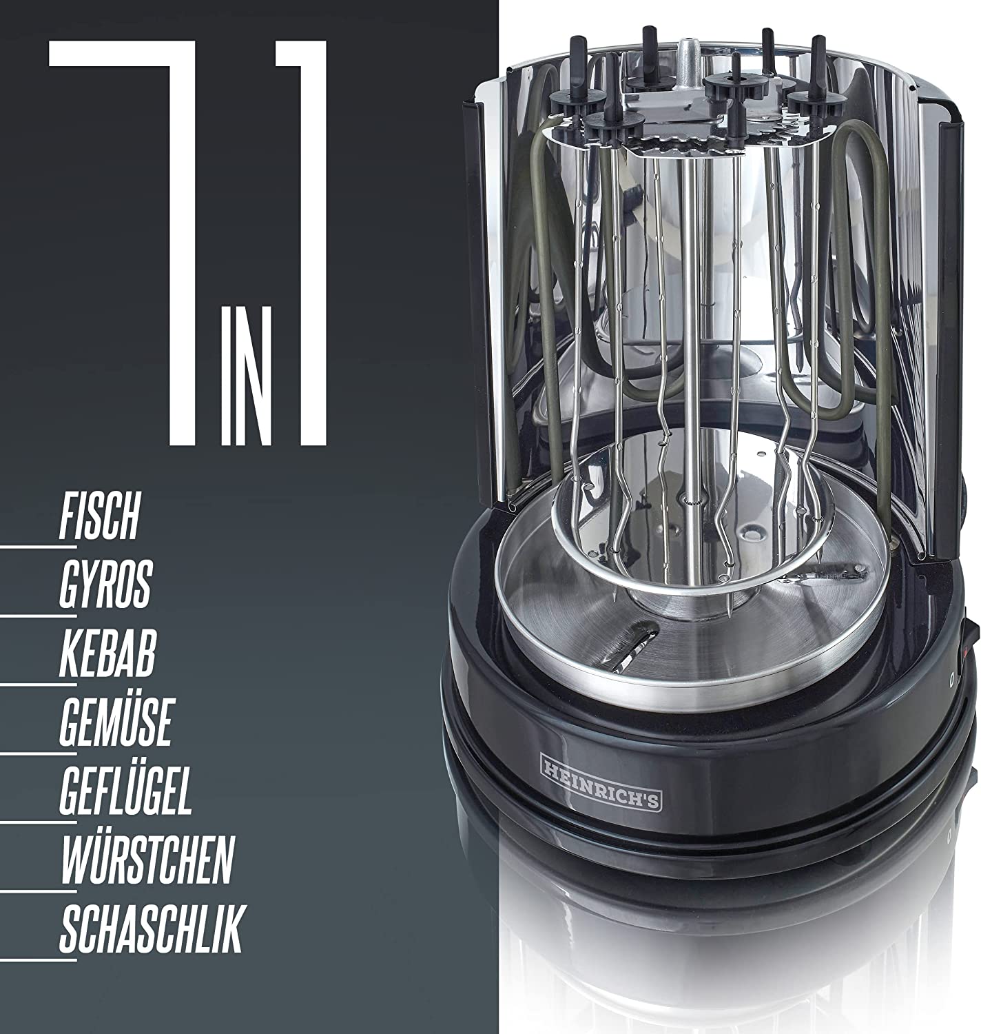 HEINRICHS Dönergrill für Zuhause, Schaschlikgrill Rotissiere Hähnchengrill Gyros Kebab, Drehspieß, Elektro Grill, BBQ, Tischgrill, Hähnchen, Vertikalgrill aus Edelstahl inkl. 6 Schaschlikspieße