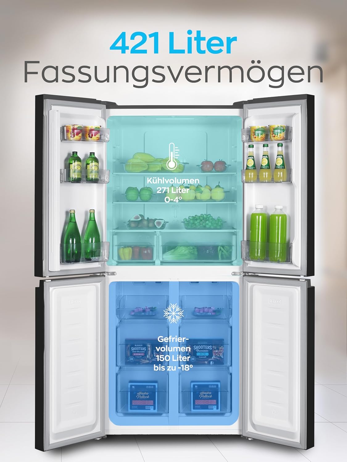 HEINRICHS Cross-Door Kühlschrank 421L, No-Frost, LED, Multi-Airflow, Fresh Converter, Inox