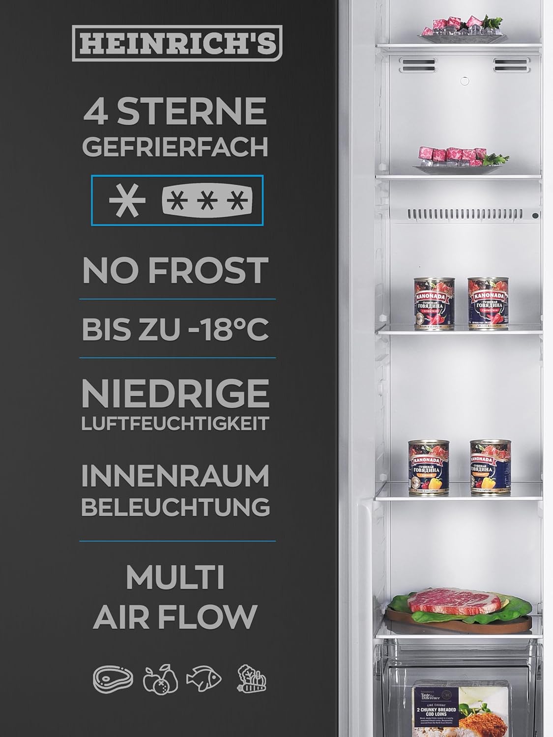 HEINRICHS Side-by-Side Kühlschrank 439L, No-Frost, Wasserspender, Touch, LED, Schwarz-Inox