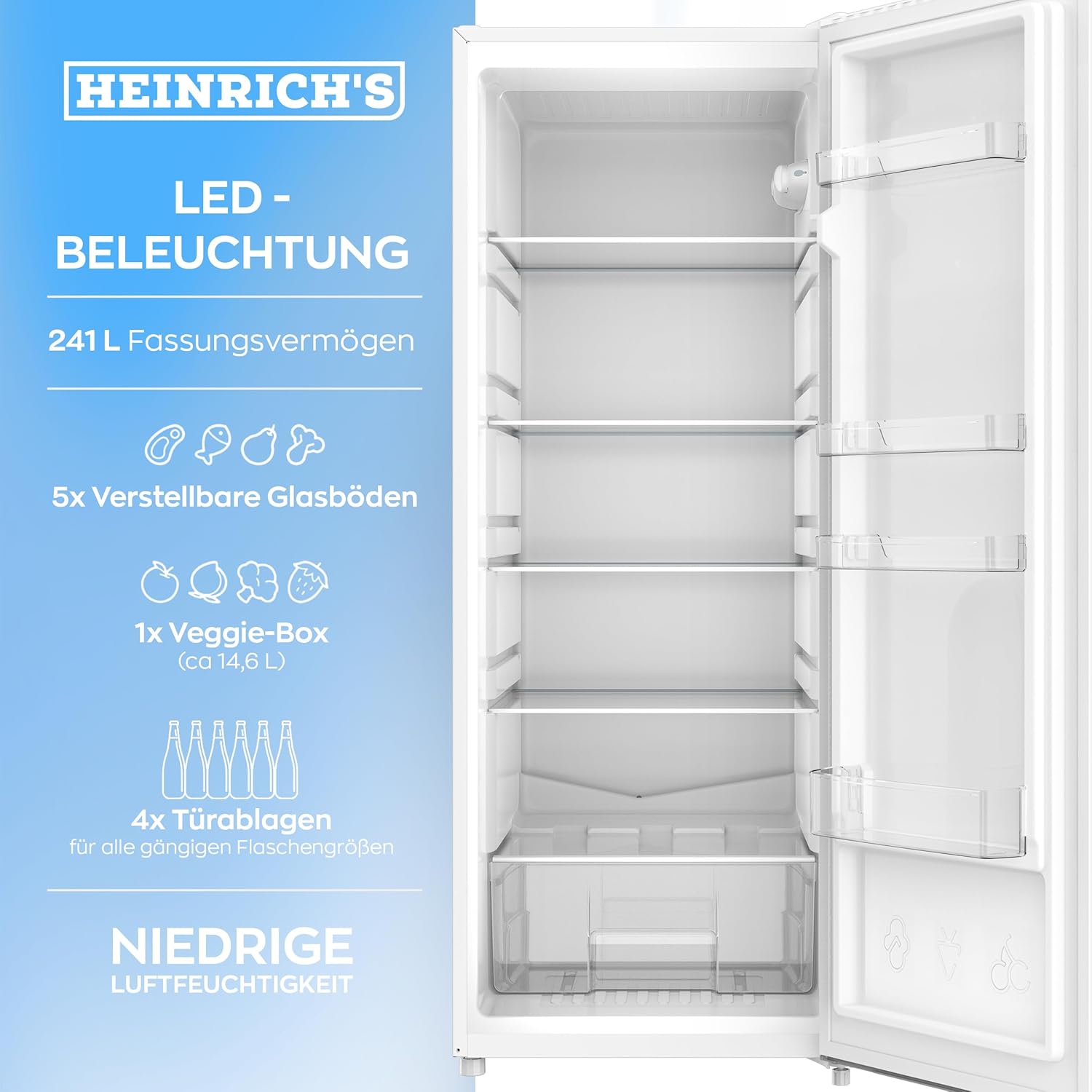 HEINRICHS Kühlschrank 241L, LED, 5 Glasablagen, wechselbarer Türanschlag, 39dB, Weiß