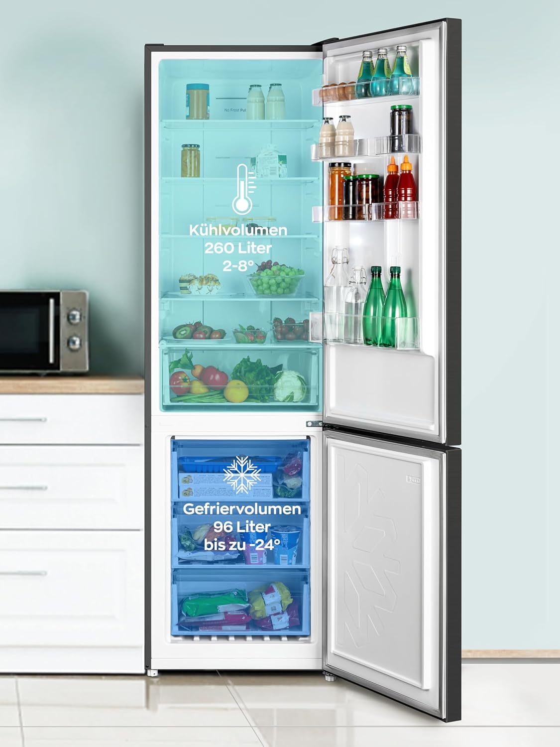 HEINRICHS Kühlgefrierkombination 356L, LED, wechselbarer Türanschlag, leise 37dB, Schwarz-Inox