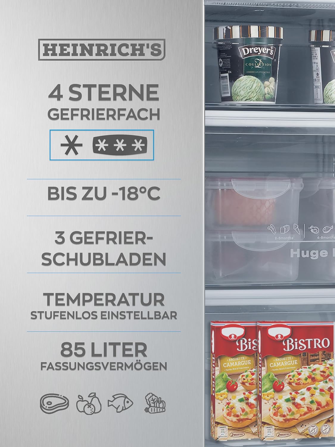 HEINRICHS Gefrierschrank 85L, 3 Schubladen, stufenlose Temperaturregelung, Airflow, Inox