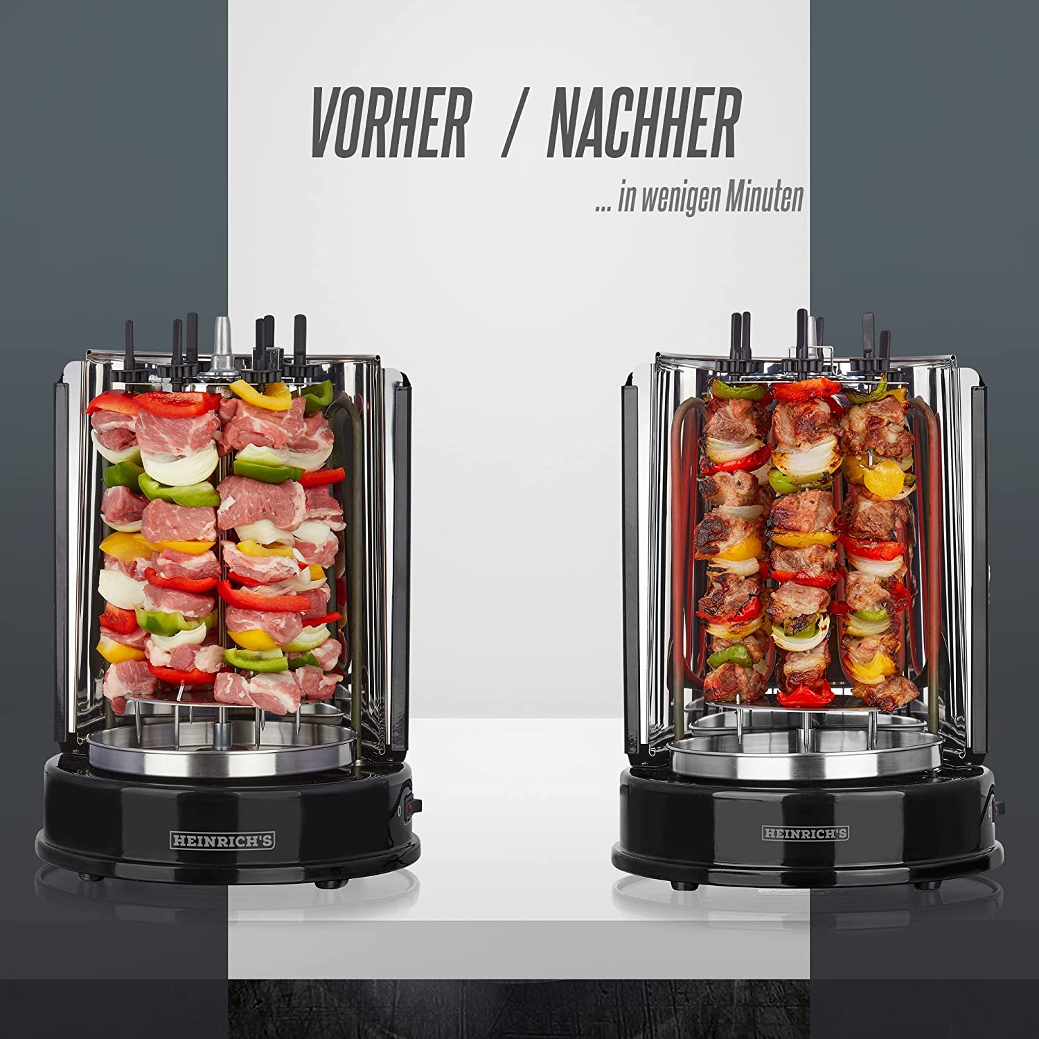 HEINRICHS Dönergrill für Zuhause, Schaschlikgrill Rotissiere Hähnchengrill Gyros Kebab, Drehspieß, Elektro Grill, BBQ, Tischgrill, Hähnchen, Vertikalgrill aus Edelstahl inkl. 6 Schaschlikspieße