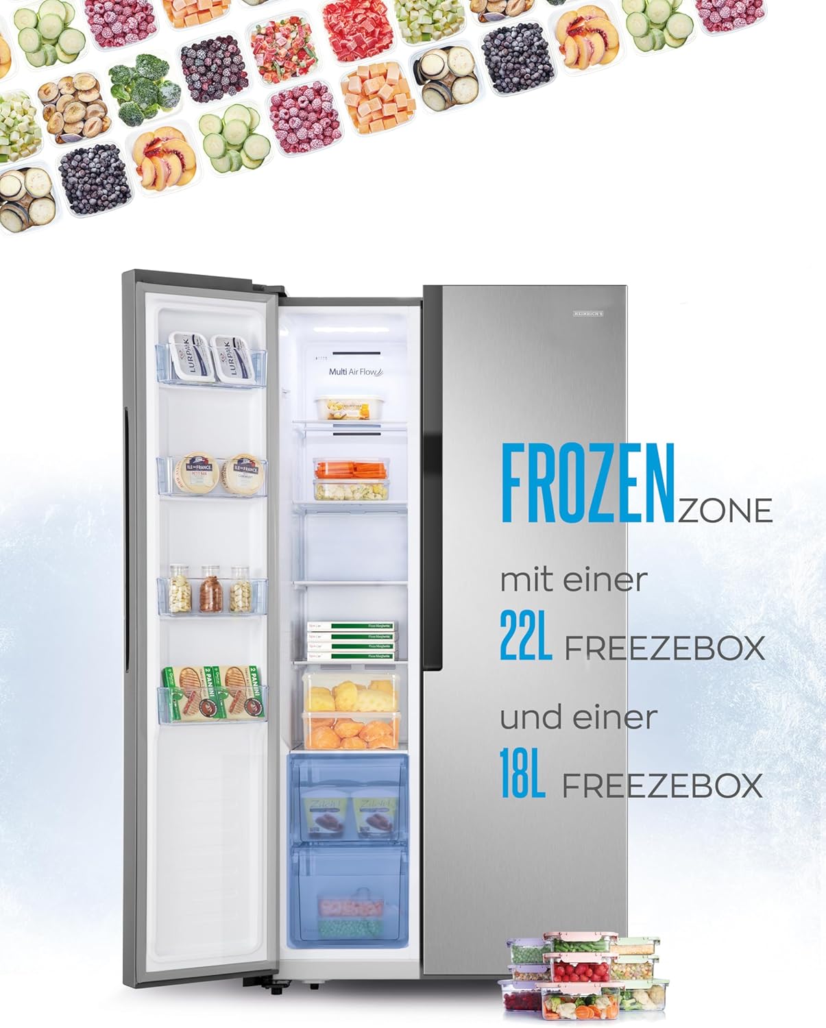 HEINRICHS Side-by-Side Kühlschrank 519L, No-Frost, LED-Touch, Multi-Airflow, Inox