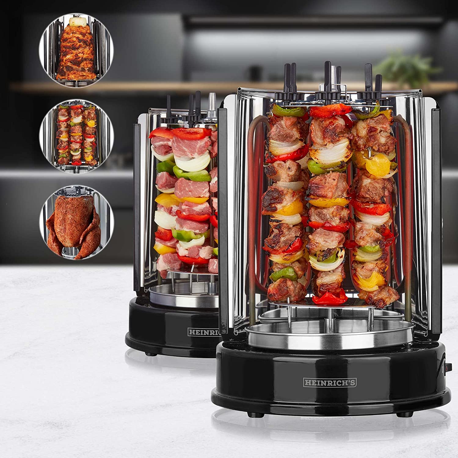 HEINRICHS Dönergrill für Zuhause, Schaschlikgrill Rotissiere Hähnchengrill Gyros Kebab, Drehspieß, Elektro Grill, BBQ, Tischgrill, Hähnchen, Vertikalgrill aus Edelstahl inkl. 6 Schaschlikspieße