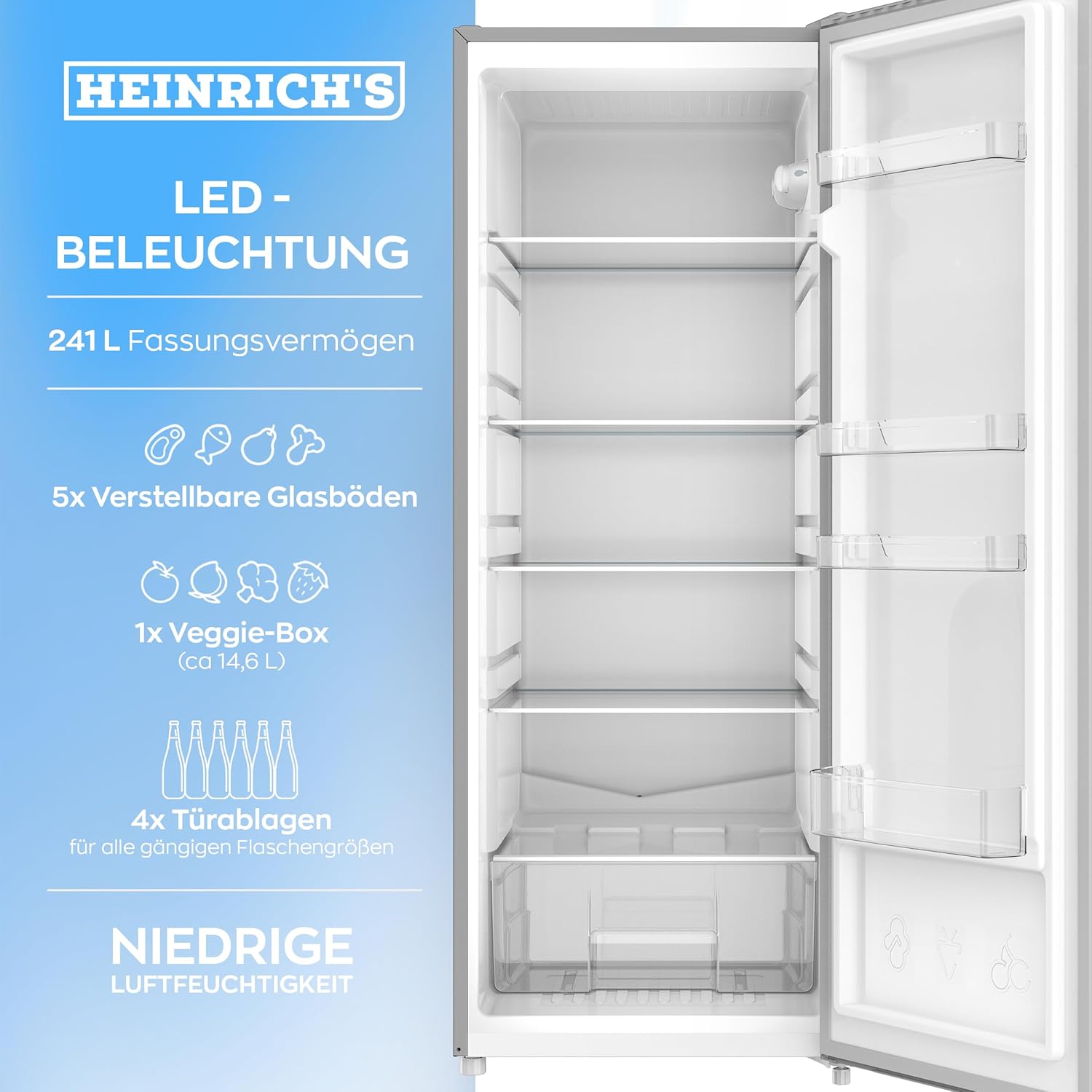 HEINRICHS Kühlschrank 241L, LED, 5 Glasablagen, wechselbarer Türanschlag, 39dB, Inox