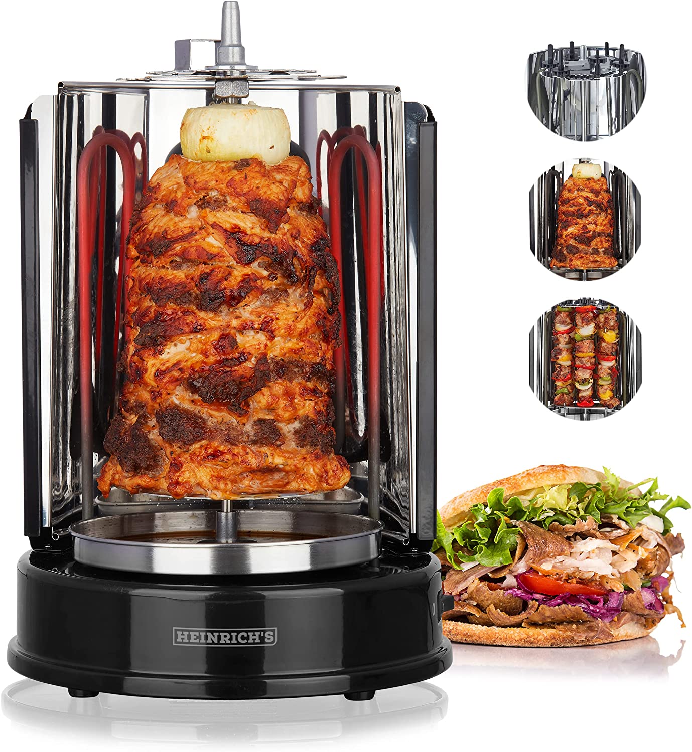 HEINRICHS Dönergrill für Zuhause, Schaschlikgrill Rotissiere Hähnchengrill Gyros Kebab, Drehspieß, Elektro Grill, BBQ, Tischgrill, Hähnchen, Vertikalgrill aus Edelstahl inkl. 6 Schaschlikspieße