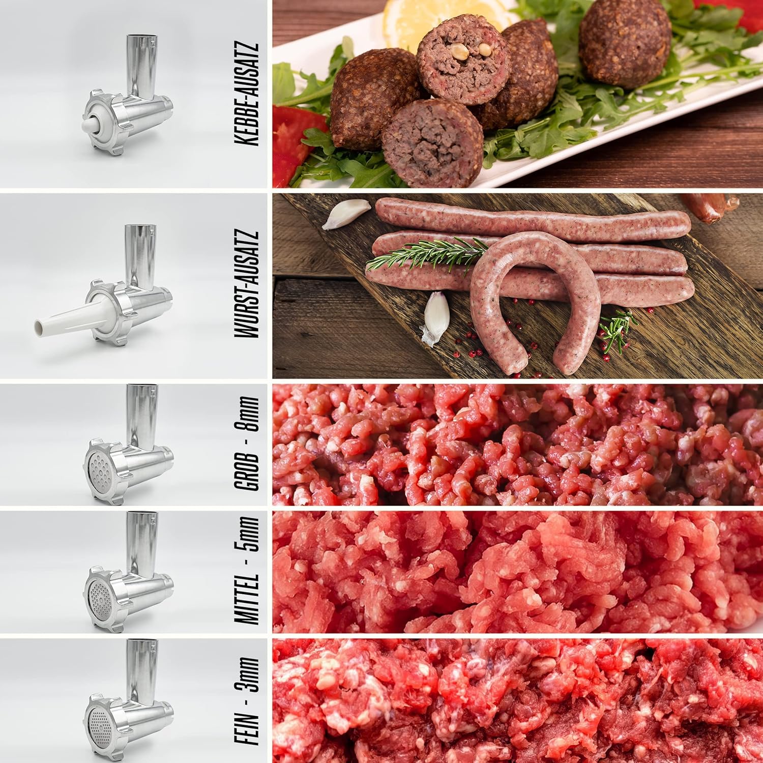 HEINRICHS Fleischwolf & Wurstmaschine, 1800W, 3 Hacksiebe, Kebbeaufsatz, Wurstaufsatz, 2KG/min, Metallgetriebe