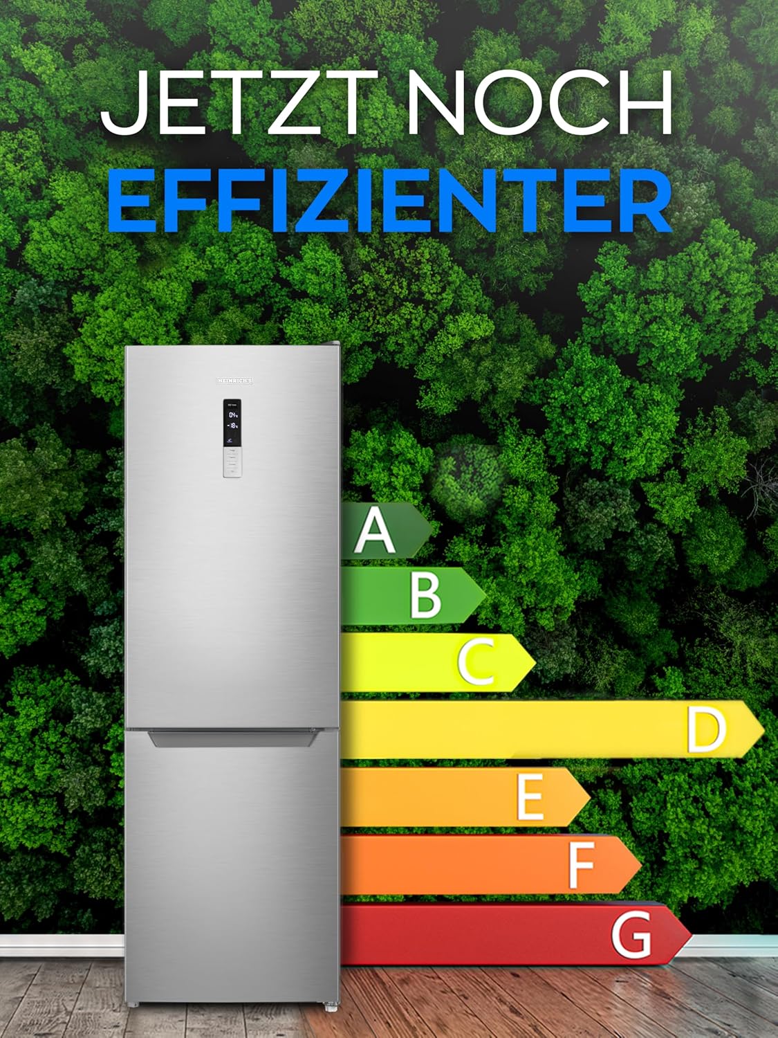 HEINRICHS Kühlgefrierkombination 322L, No-Frost, LED, 35dB, wechselbarer Türanschlag, Inox