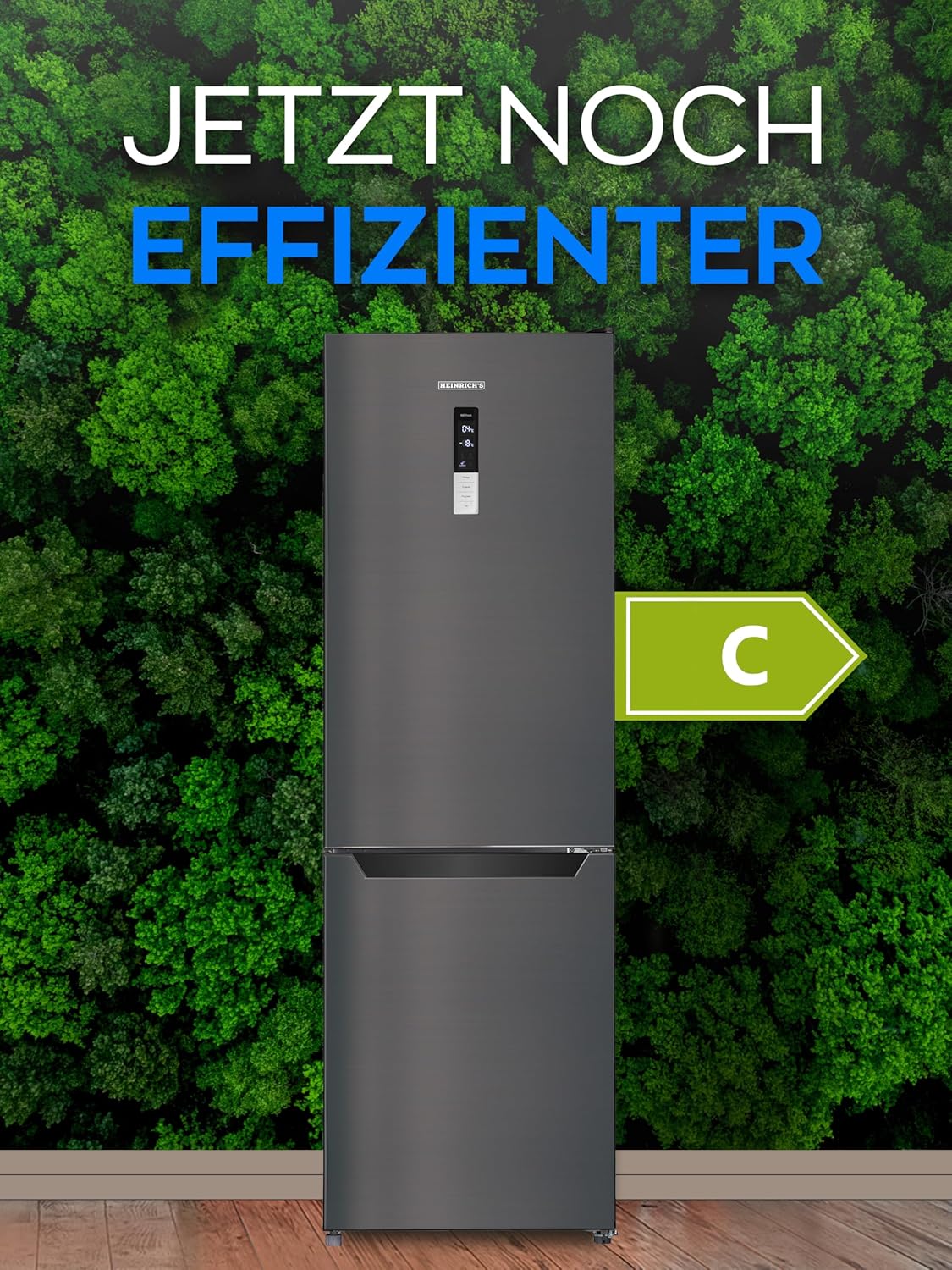 HEINRICHS Kühlgefrierkombination 356L, LED, wechselbarer Türanschlag, leise 37dB, Schwarz-Inox