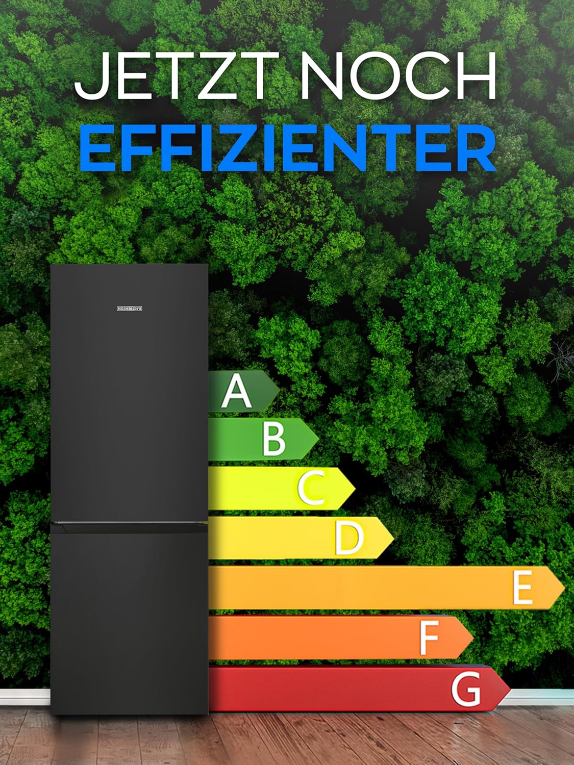 HEINRICHS Kühlgefrierkombination 175L, LED-Innenbeleuchtung, 39dB, 7 Temperaturstufen, wechselbarer Türanschlag, Schwarz