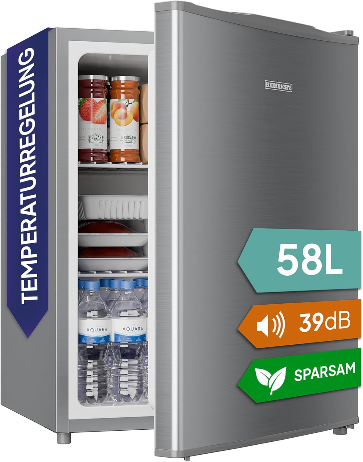 Heinrich´s Getränkekühlschrank 58L,klein, Mini-Kühlschrank für Dosen, Flaschen, Snacks, modernes Design, Tisch-Kühlschrank, leise:39dB geeignet für Büro, Camping, Garten, Outdoor, Hotels, Schlafzimmer